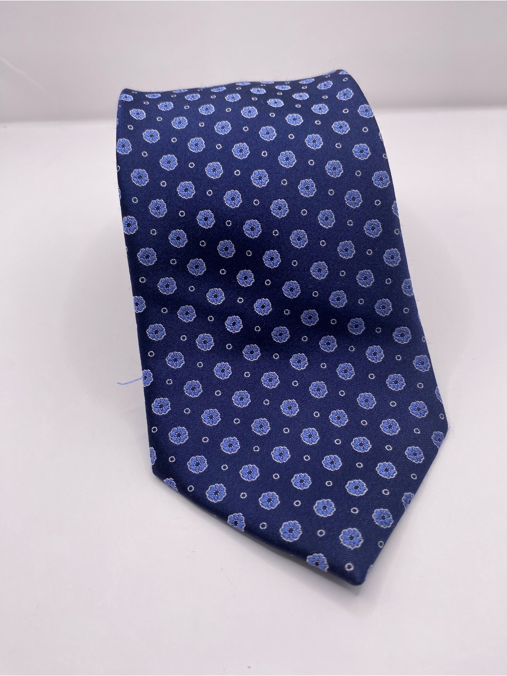 Bloomingdale's Navy Tie with Light Blue Floral Medallions